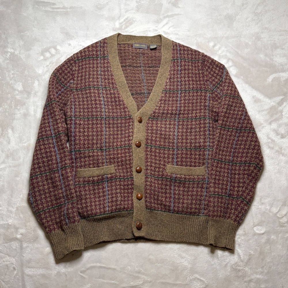 Vtg Robert Stock 100% Wool Cardigan Mens S Knit Houndstooth Sweater Grunge